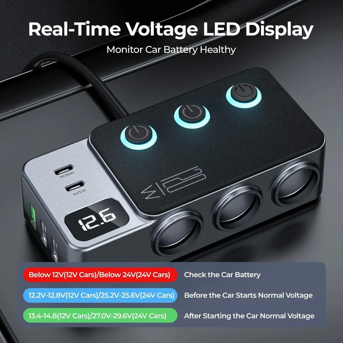  TESSAN 120W 8-in-1 Car Charger Grey 3.3ft — product photo