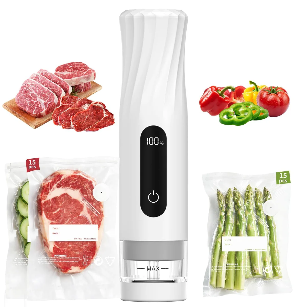  Lurious VM11 vacuum sealer, 30 bags, 1800mAh battery — product photo