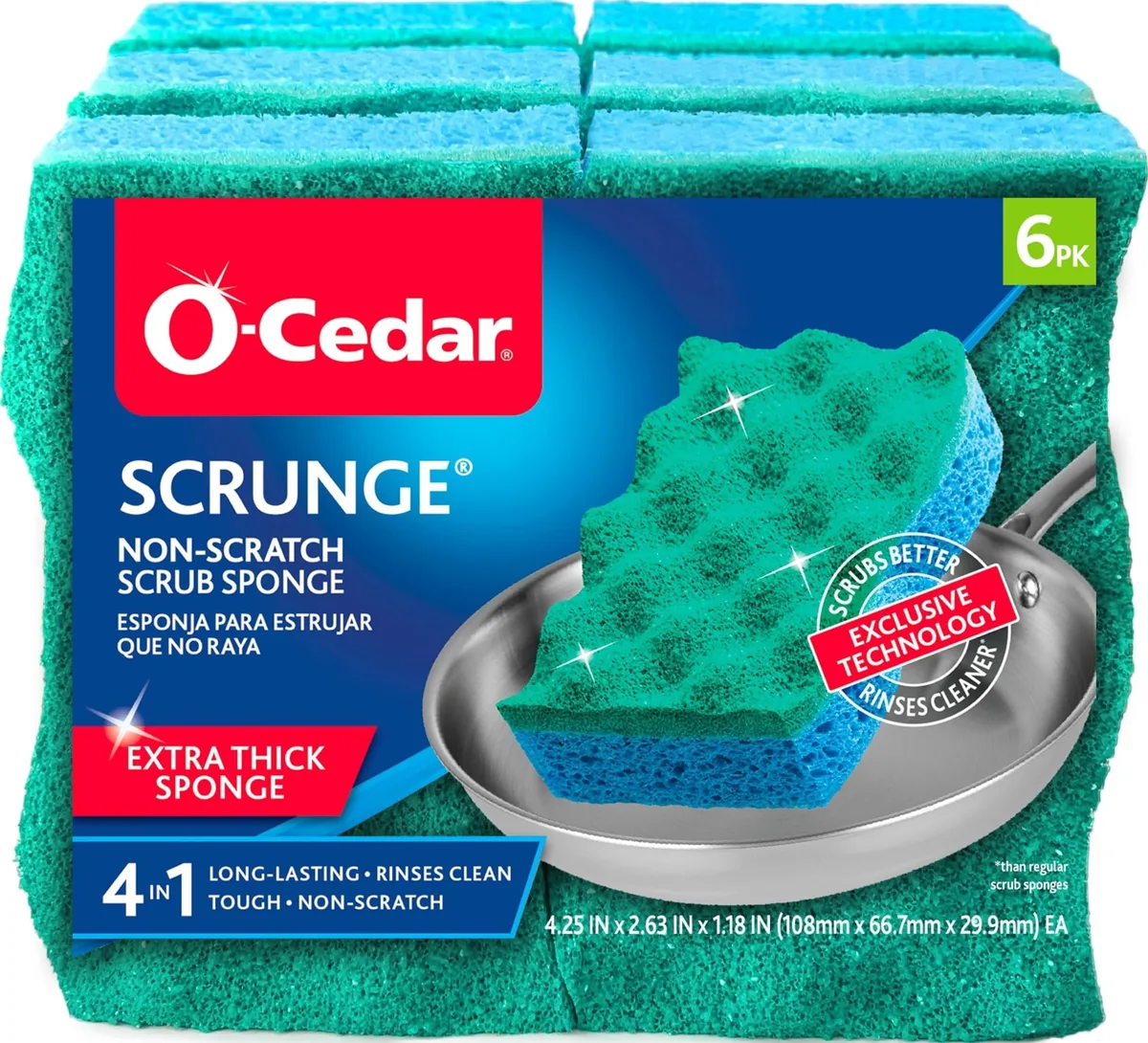 Six green and blue rectangular scrub sponges in a pack