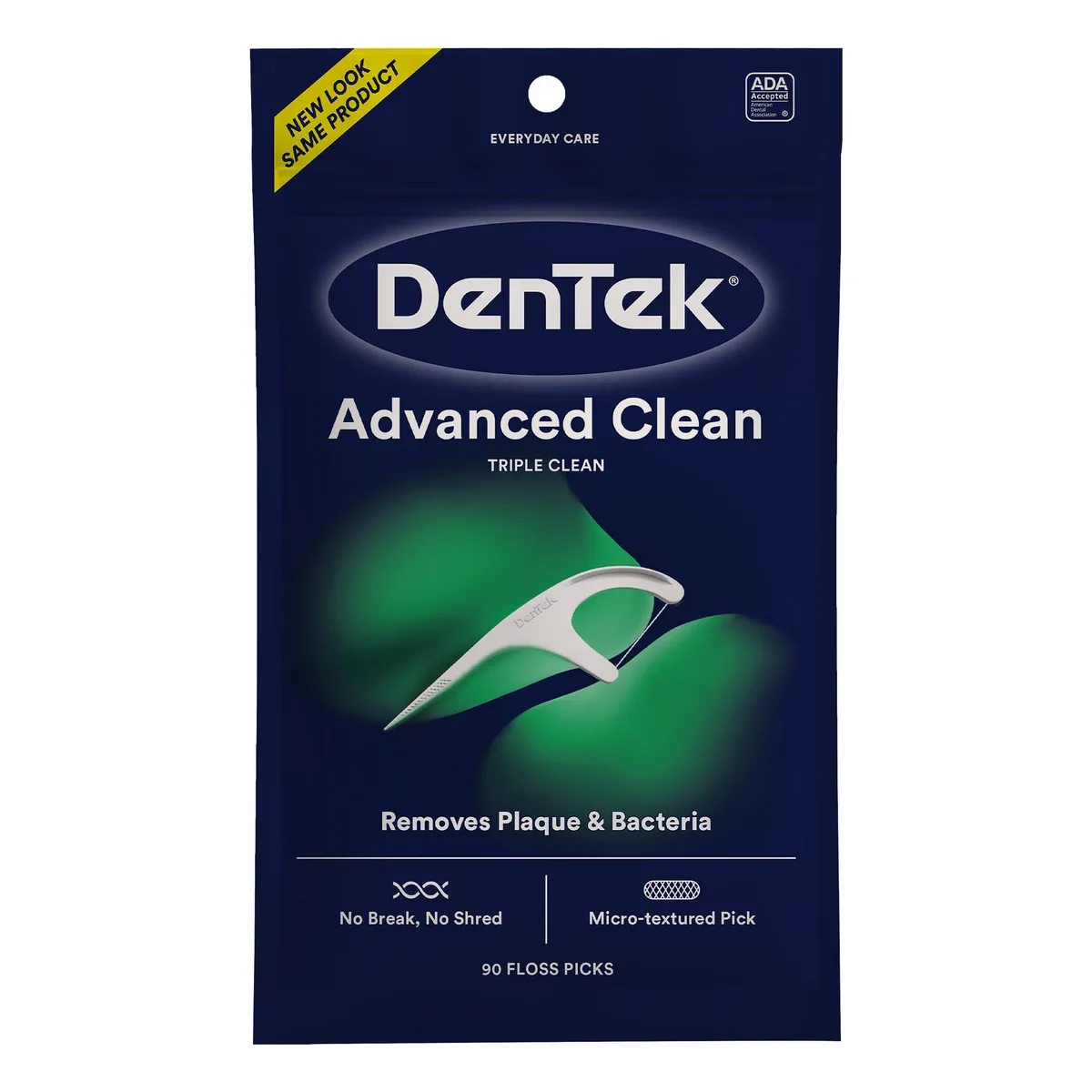 White plastic floss pick with mint-flavoured floss and textured tip, 90 count pack