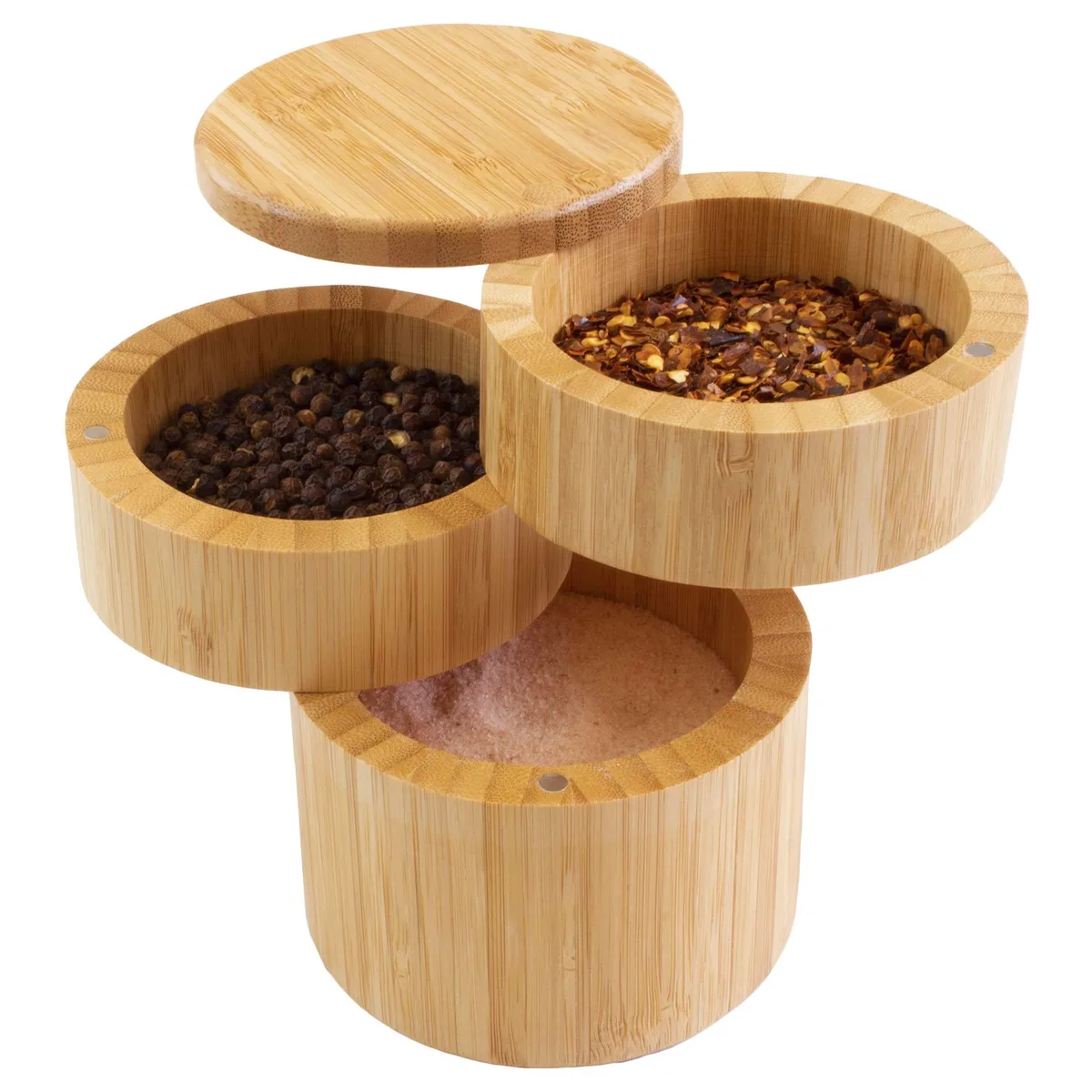 Three-tier bamboo salt cellar with swivel lids, compact square shape, natural finish