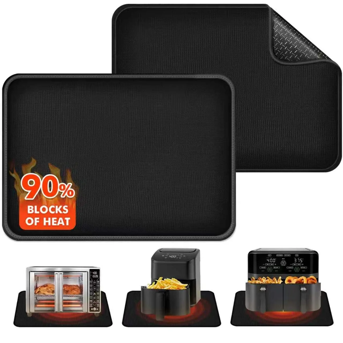 Two black rectangular heat mats with silicone dot grip underside