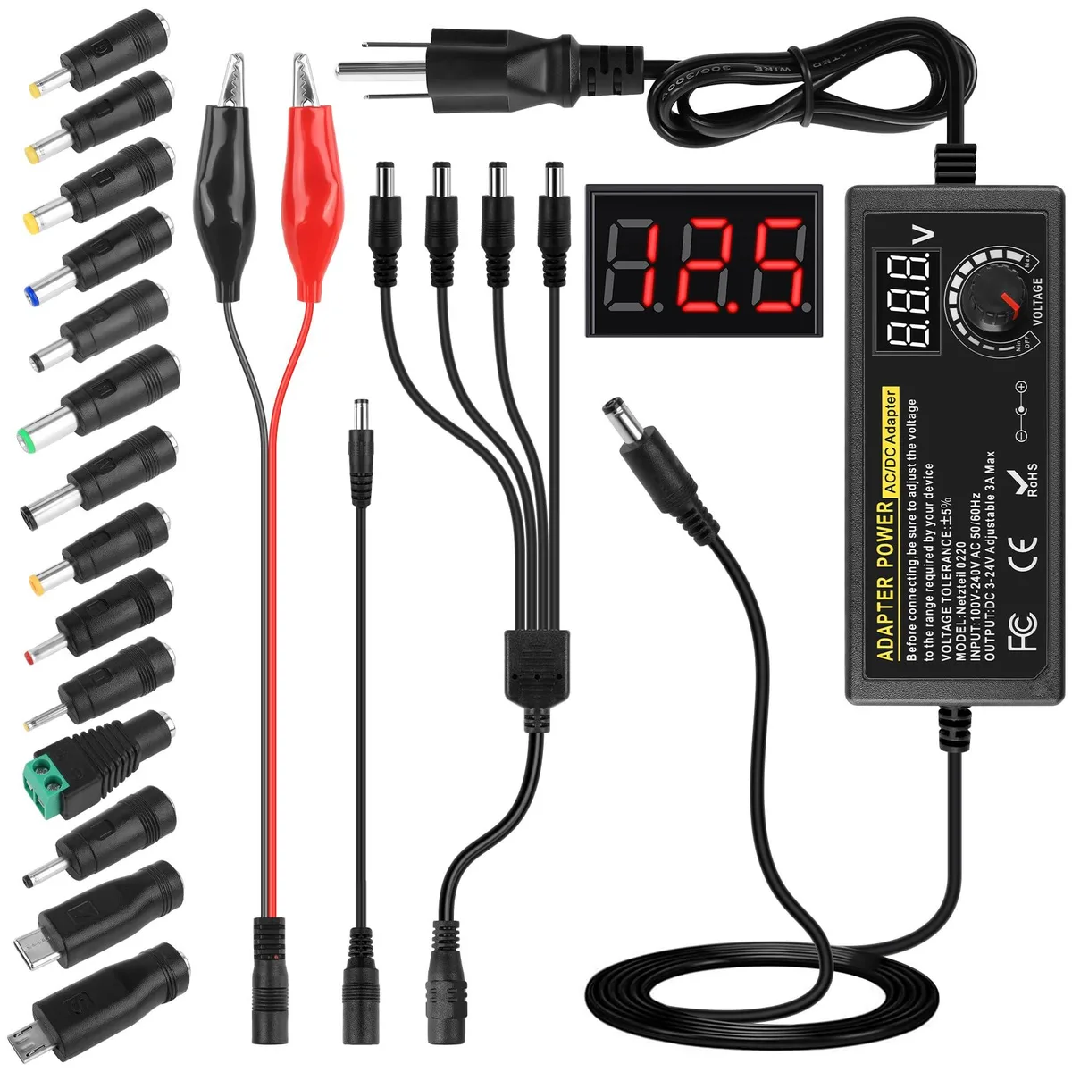 Black rectangular power adapter with LED display and fourteen interchangeable tips