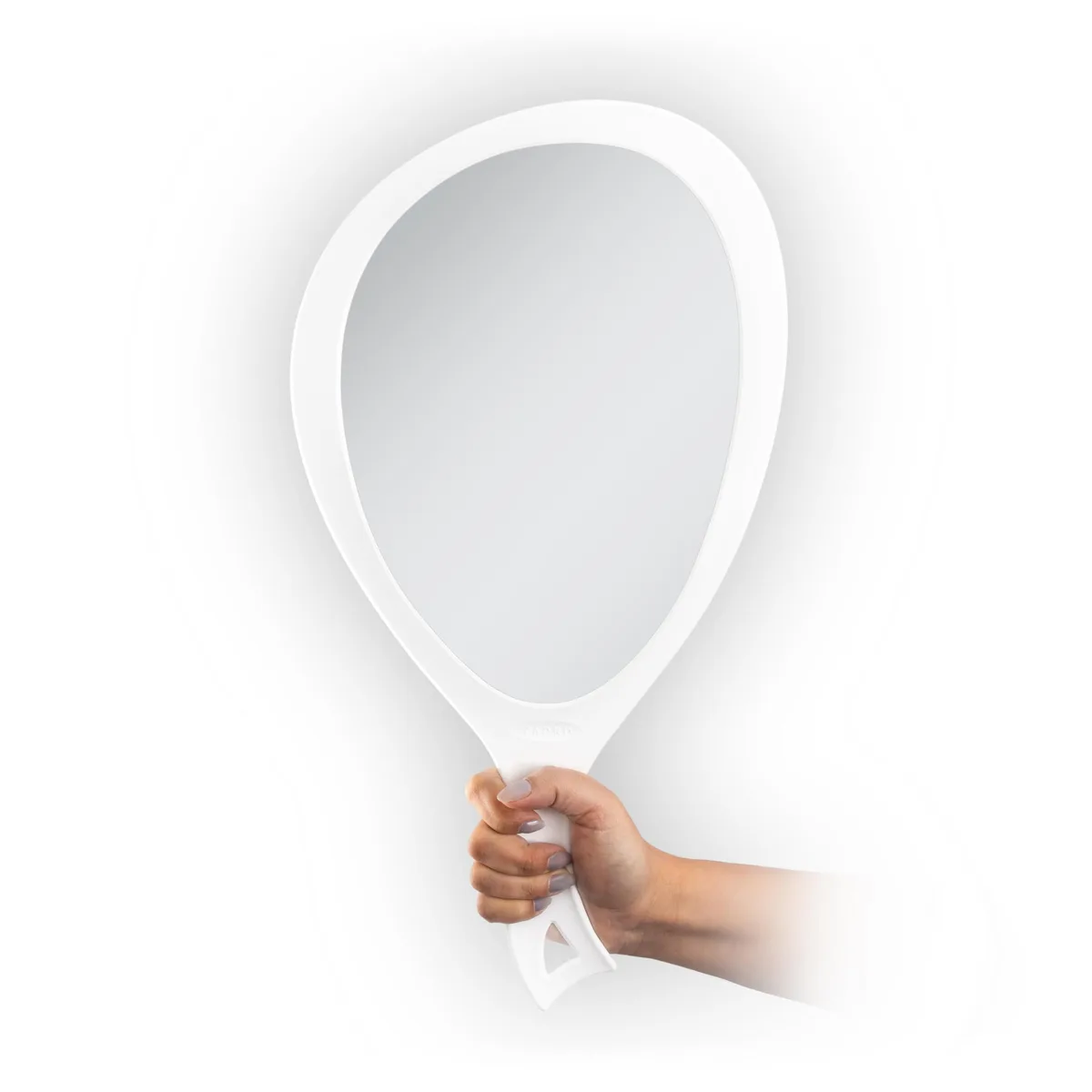 White plastic oval hand mirror with curved handle, 19.25 inches long