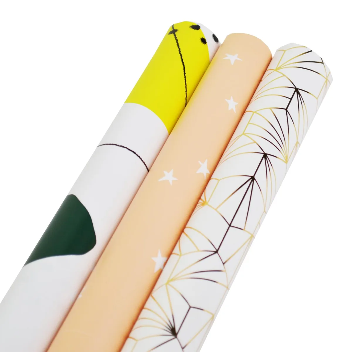 Three rolls of wrapping paper in gold peach and patterned designs shrink wrapped together