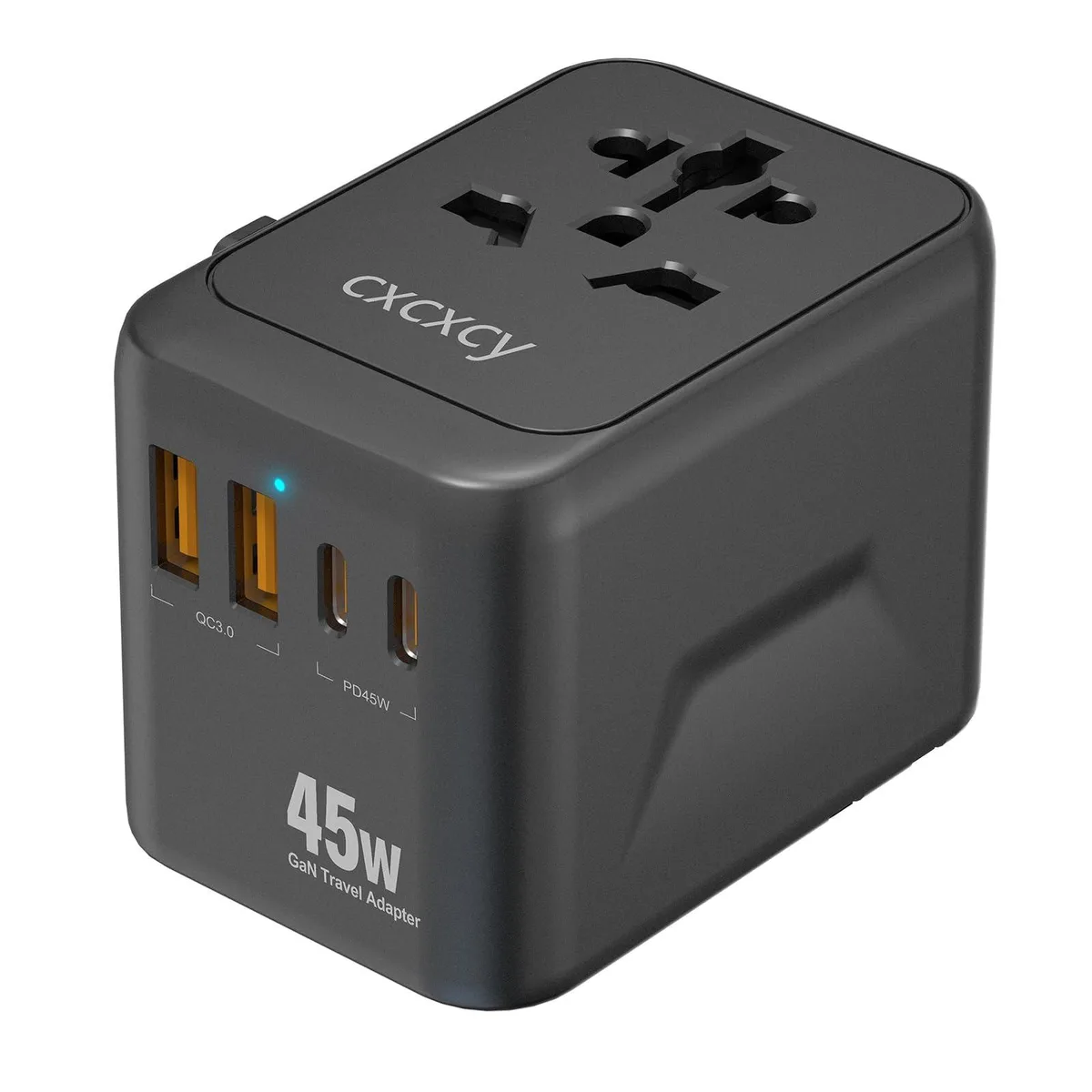 Black cube-shaped travel adapter with interchangeable plugs and five ports