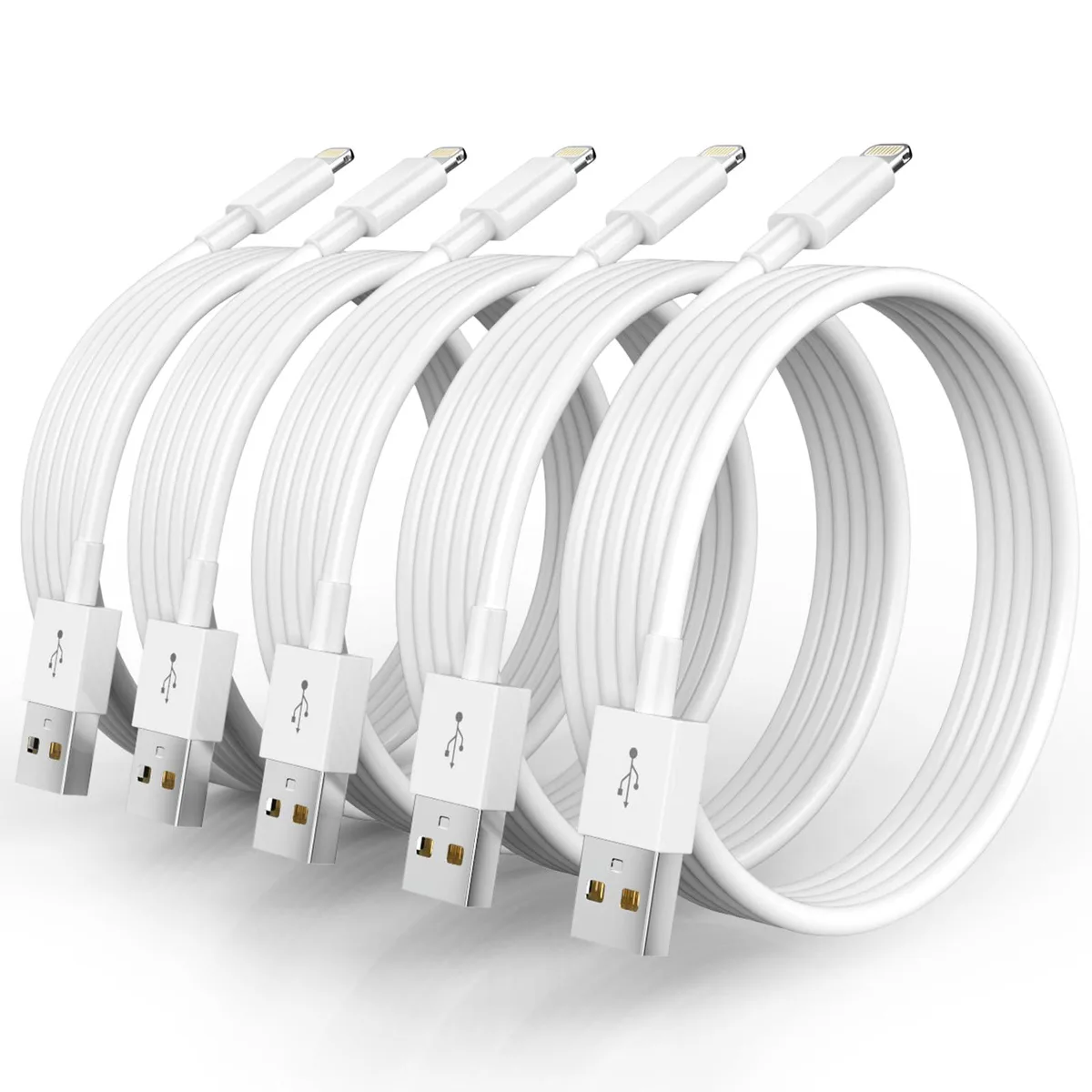 Five white 10 ft Lightning to USB cables coiled together