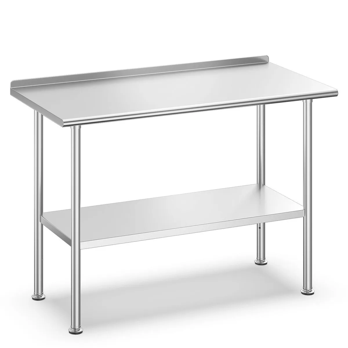 Rectangular stainless steel prep table with backsplash and adjustable undershelf on four legs