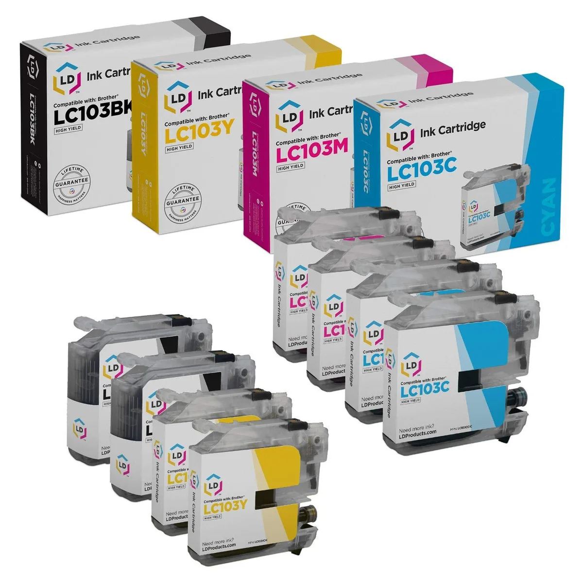 LD Products LD Products Compatible Ink Cartridge Brother LC103 High Yield 8-Pack (2 Black, 2 Cyan, 2 Magenta, 2 Yellow) — product photo