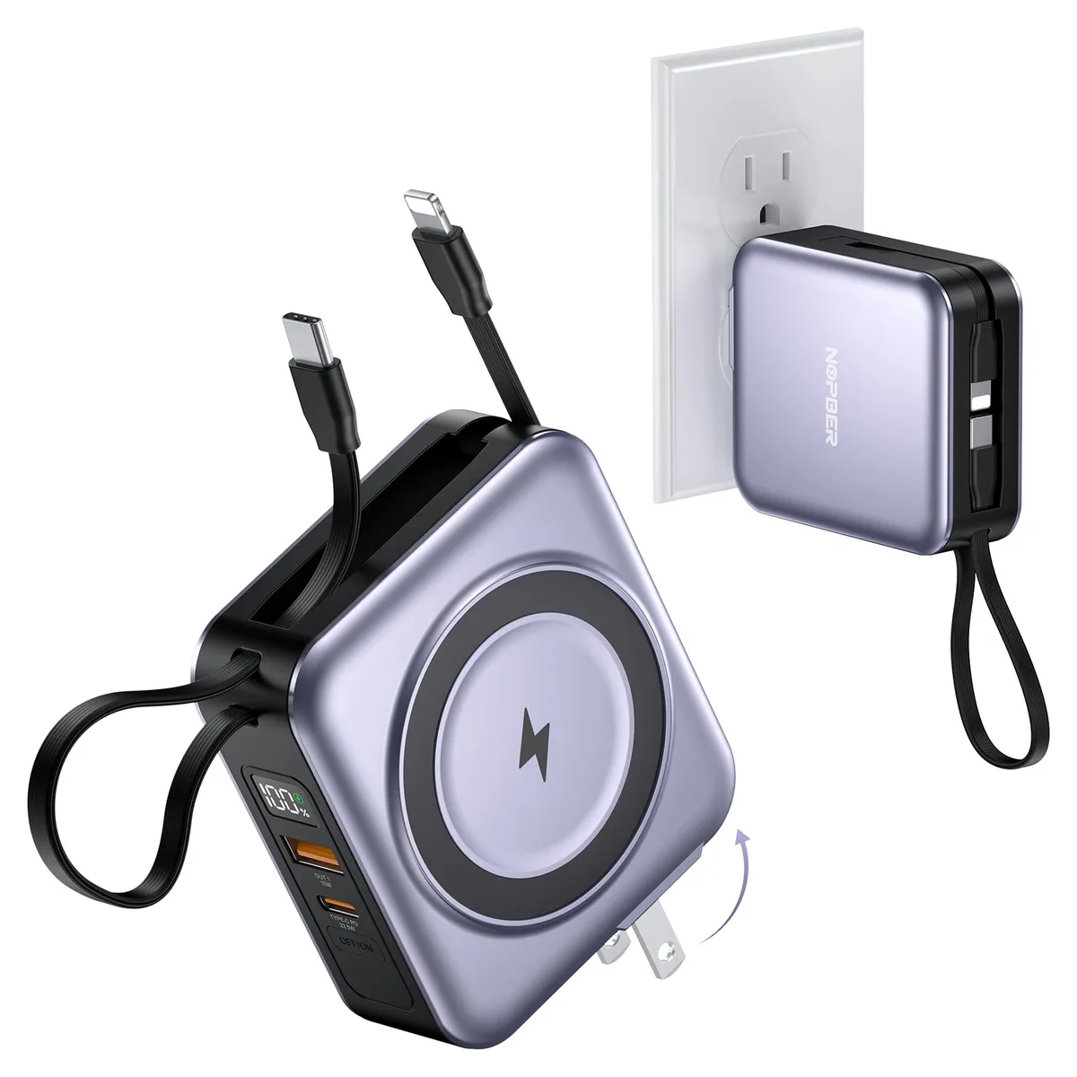  NOPBER Q10 10000mAh power bank 22.5W PD3.0 15W wireless built-in cables wall plug — product photo
