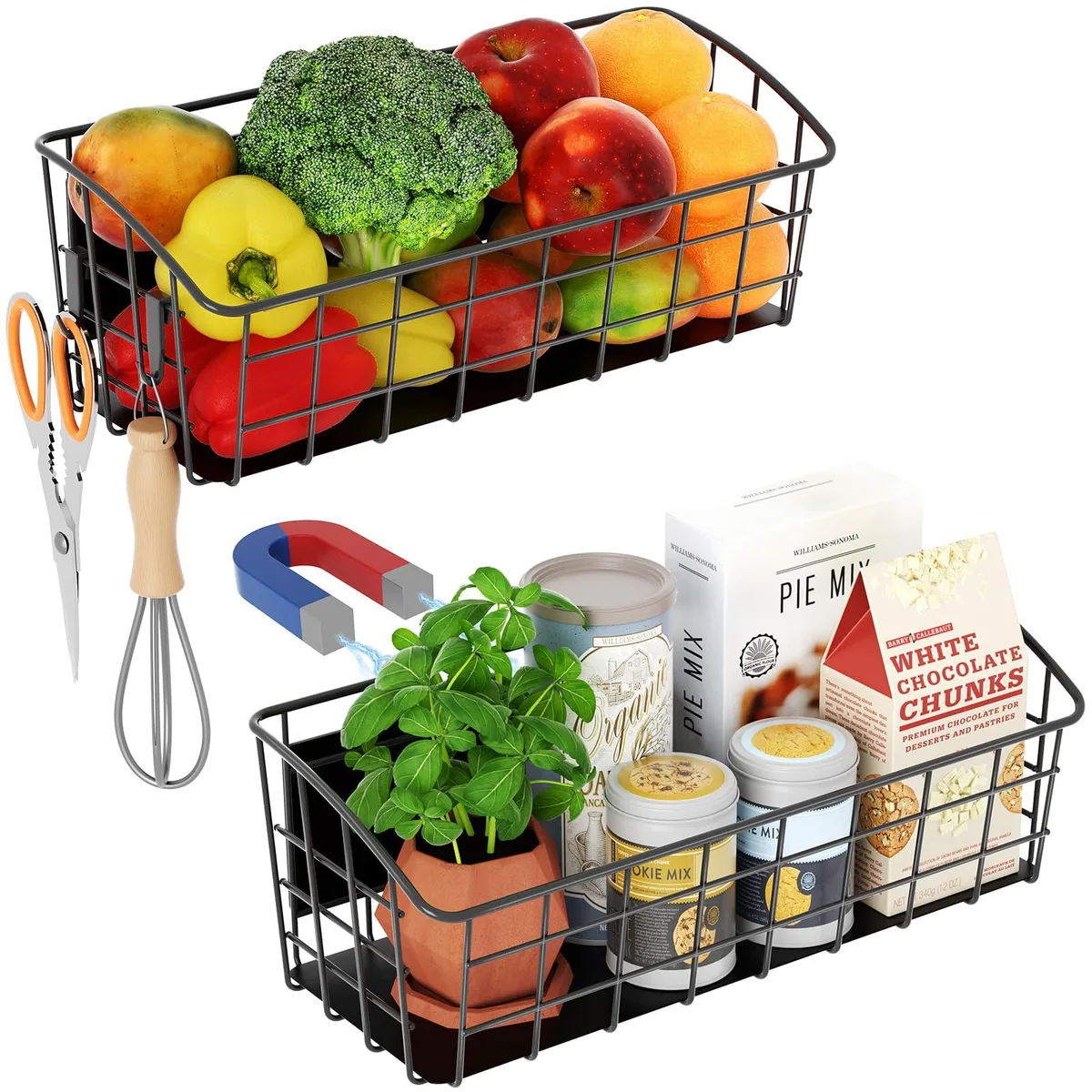 Two red plastic magnetic shelves with grid bases and removable hooks, shown as a pair
