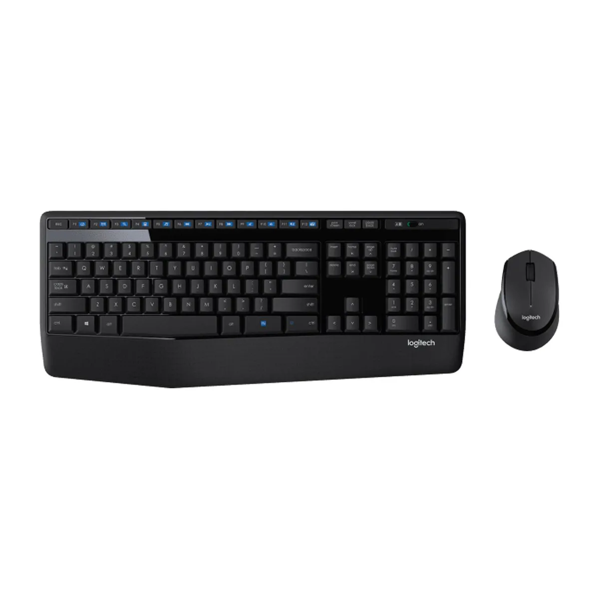 Black full-size wireless keyboard with palm rest and right-handed mouse on USB receiver