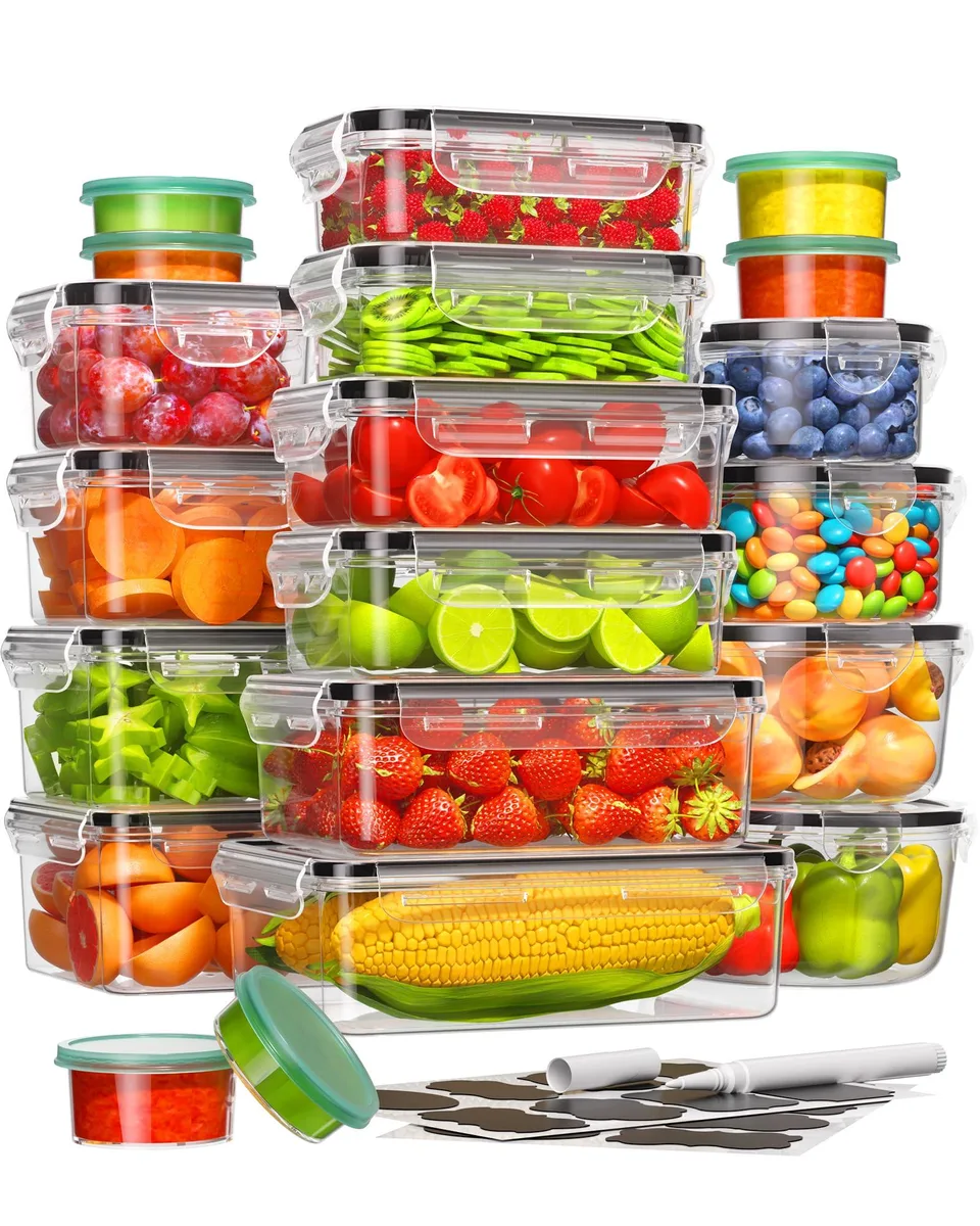 Set of 40 plastic food containers with lids, labels and marker pen