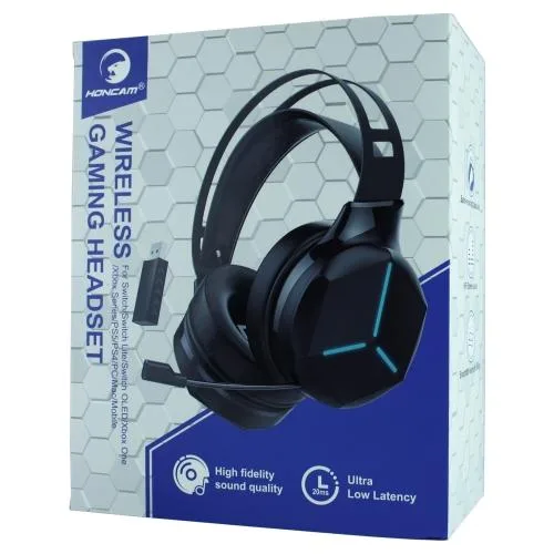 Black over-ear wireless gaming headset with retractable microphone, RGB breathing light and on-ear controls