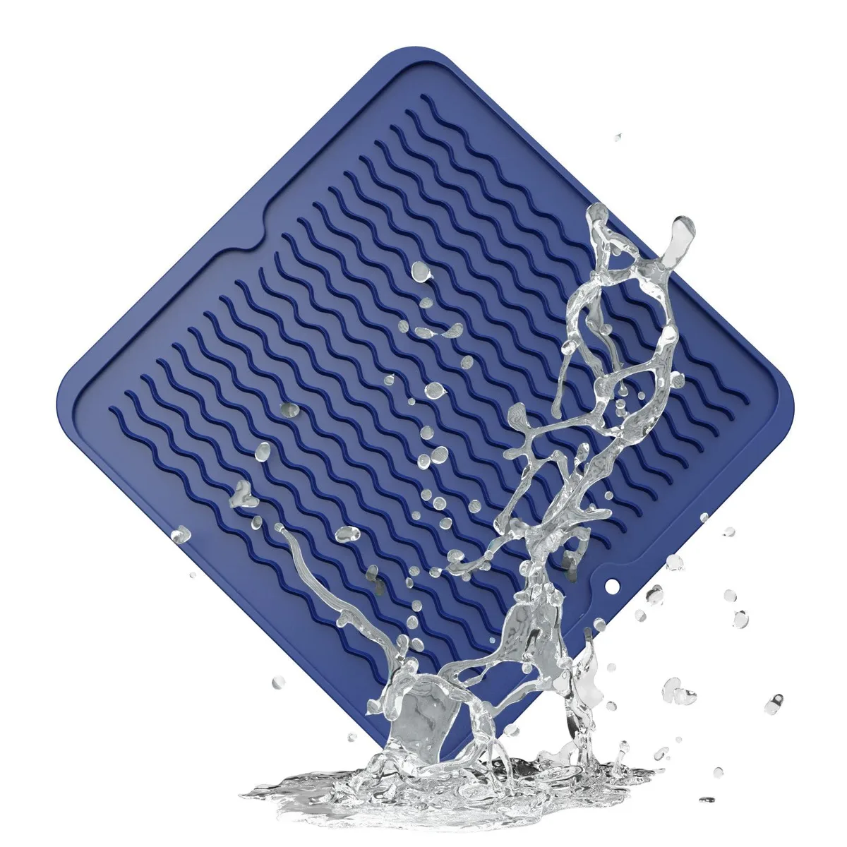 Square midnight blue silicone mat with raised wavy ridges, 12 by 12 inches