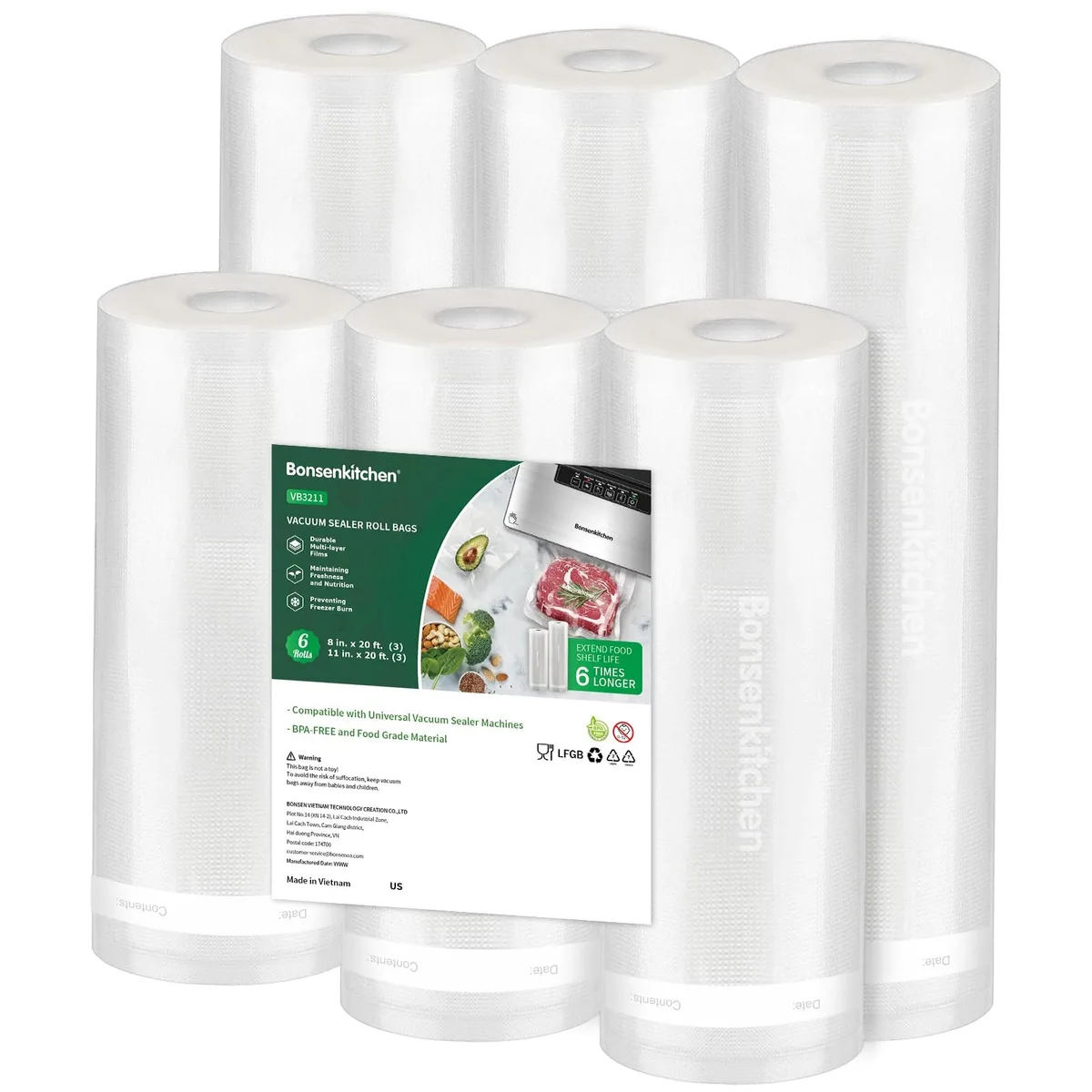  Bonsenkitchen Vacuum Sealer Rolls 3x11"x20'+3x8"x20' 6 Pack — product photo