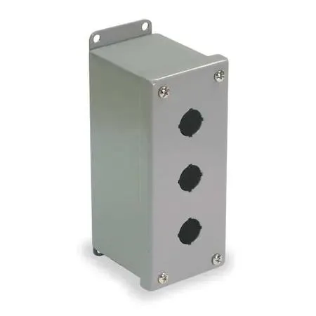 Gray carbon steel push button enclosure with three 22 mm holes