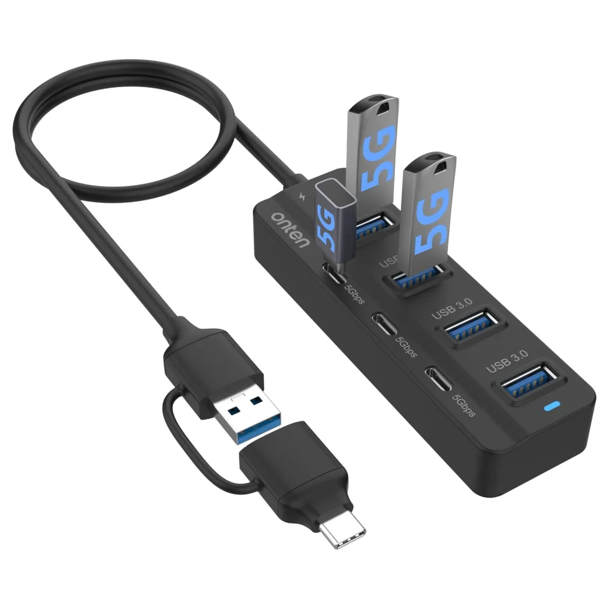 LORDWORLD LORDWORLD 7-Port USB 3.0 Hub 3×USB-C 4×USB-A 3.2 ft cable — product photo