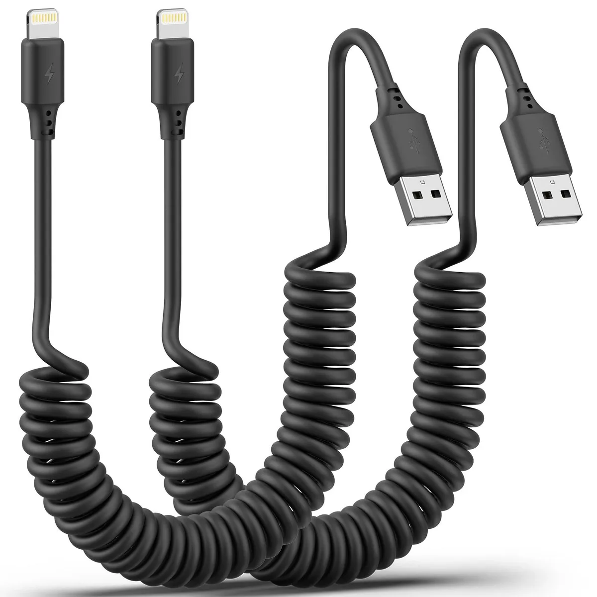 Black coiled USB-A to Lightning cable, retractable design, 1.5ft compact length