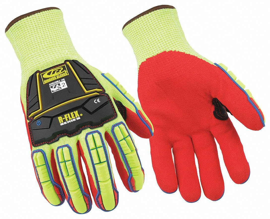 Pair of black and hi-vis yellow impact-resistant gloves with TPR knuckle protection and fleece insulation