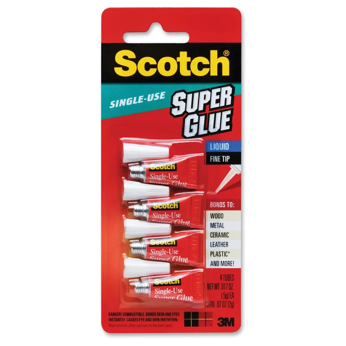 Four small pointed tubes of clear super glue