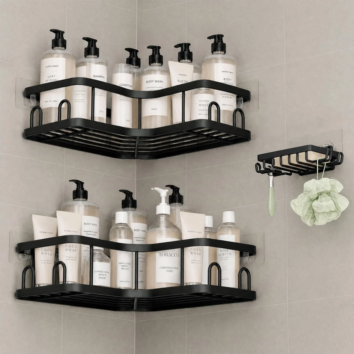 Three aluminium L-shaped corner shower caddies with wire shelves, hooks and a soap dish