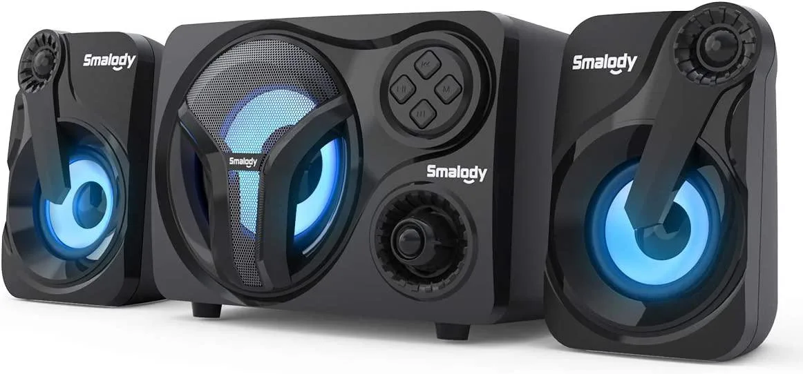 Smalody 2.1 speaker system with blue LED subwoofer and two satellite speakers