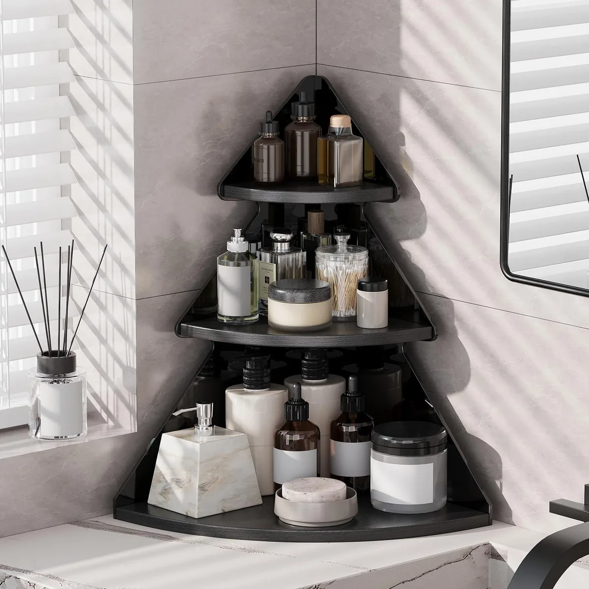 Black three-tier corner shelf with fan-shaped wooden tiers, 15.75 inches tall