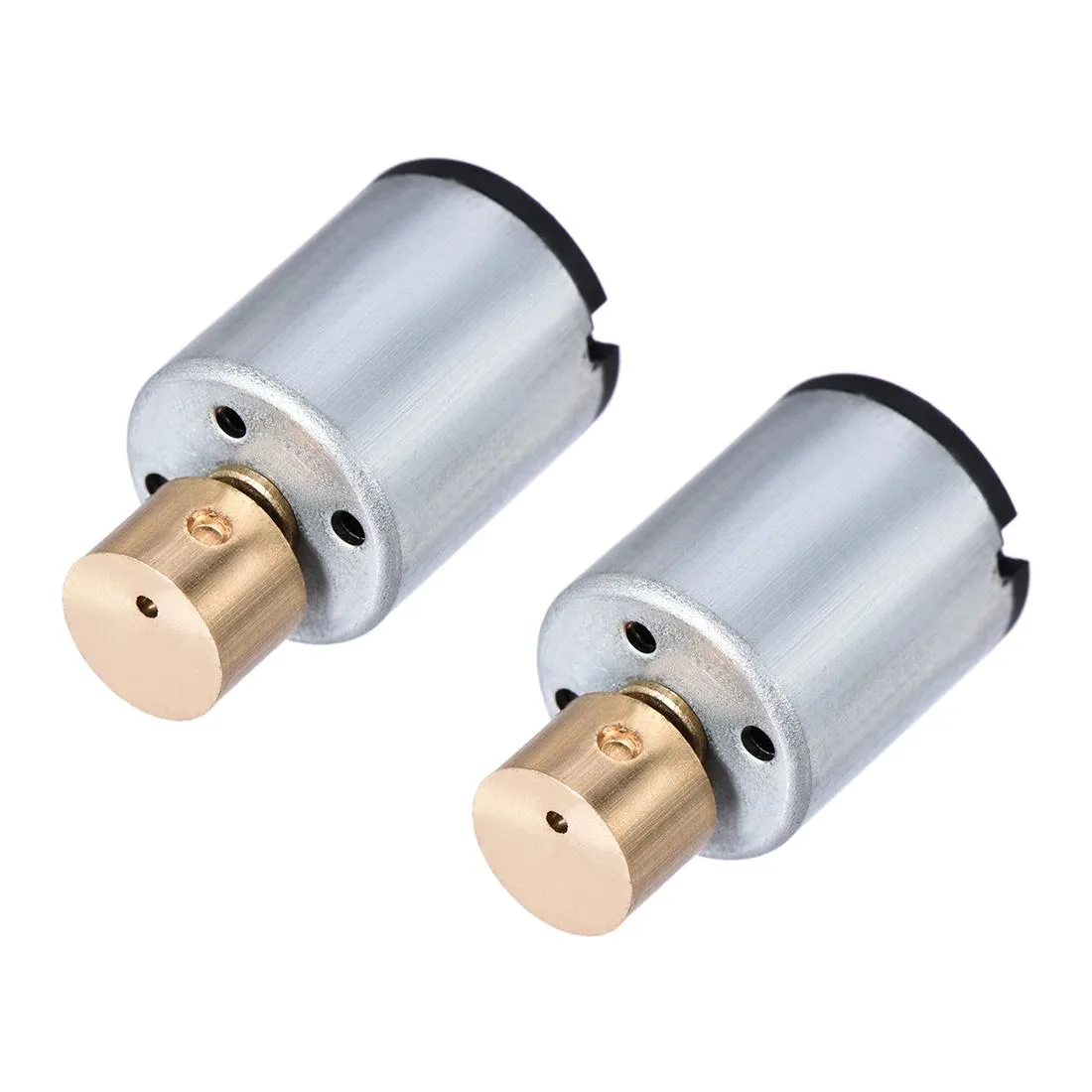 Two small cylindrical silver motors with offset weights, 22.5 by 12 millimetres each