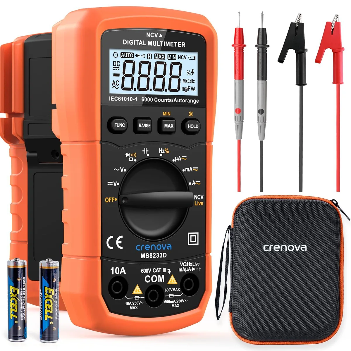 Handheld digital multimeter with LCD screen, test leads and rubber holster