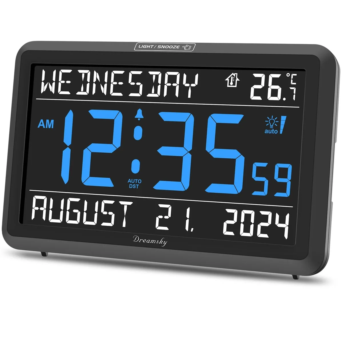 Black rectangular digital clock with 7.6 inch display showing time date and temperature