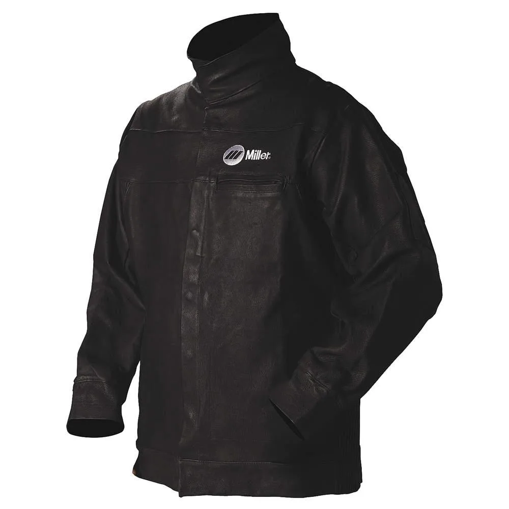 Black pigskin welding jacket with snap closure and stand-up collar