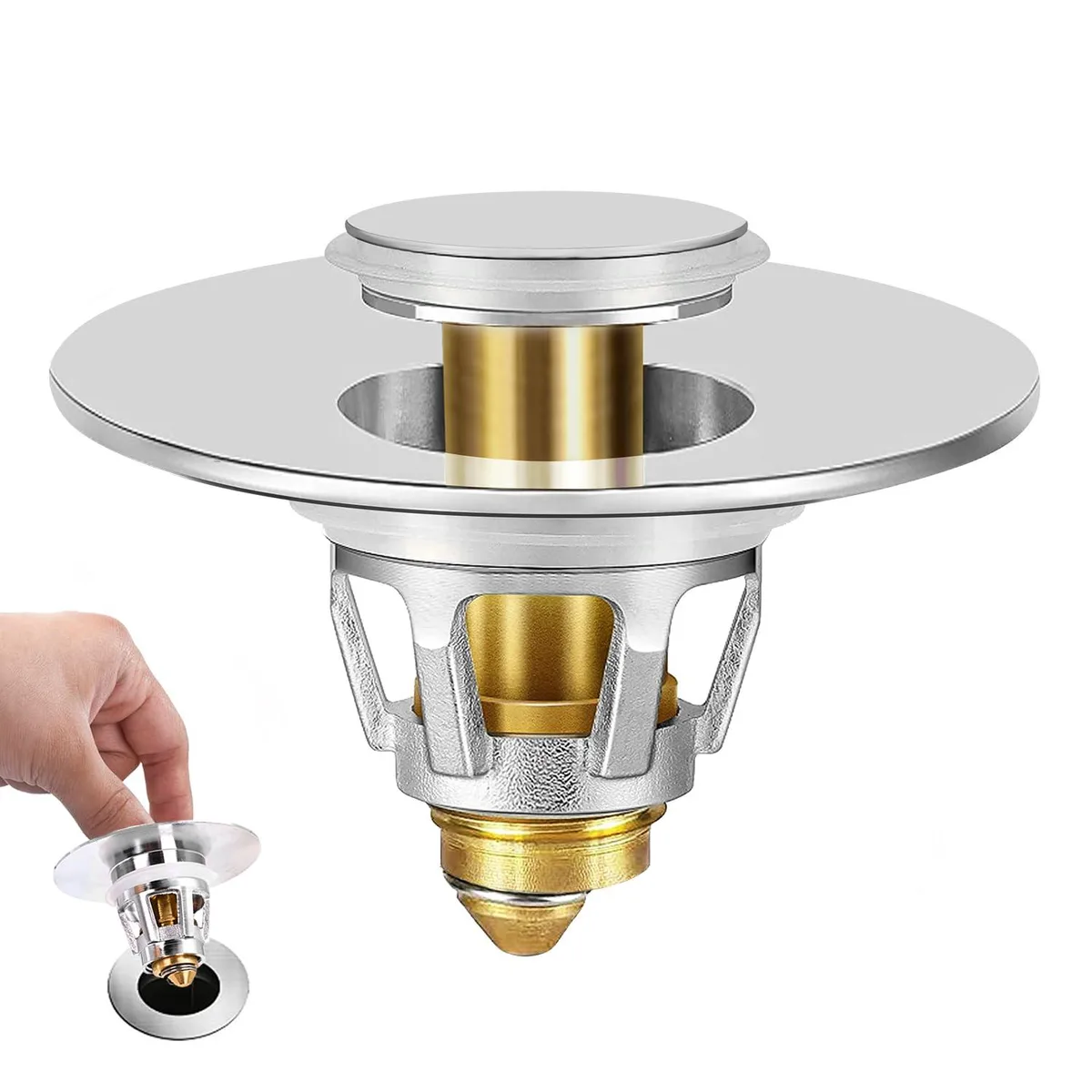 Chrome-plated brass pop-up drain strainer with detachable cap and core