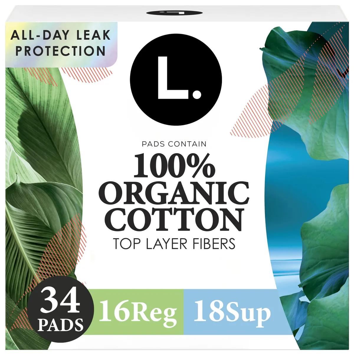 White rectangular box with blue and green accents, 34 count organic cotton pads with wings