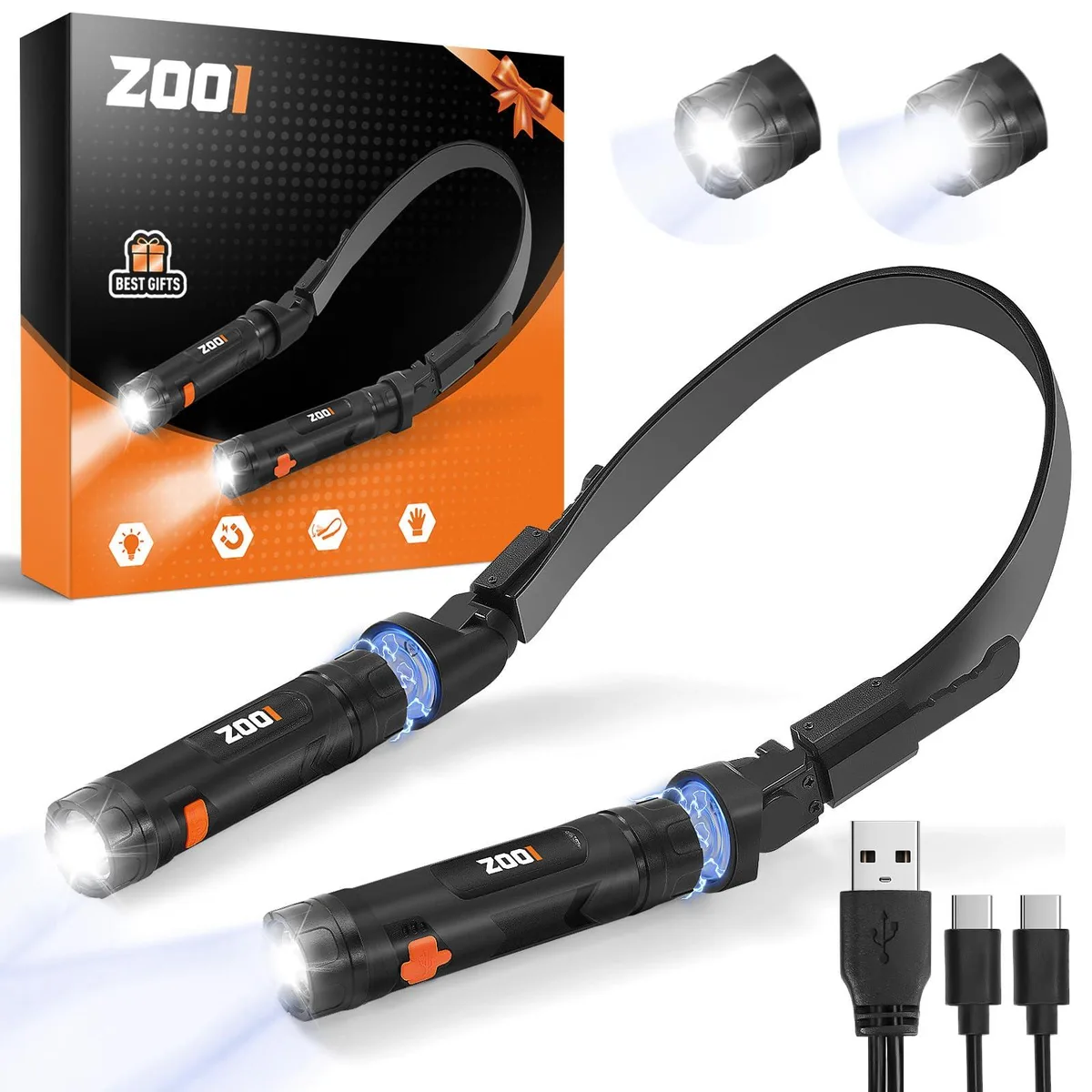 Black rechargeable neck light with two detachable magnetic lamp heads, flexible arms, 150° rotation