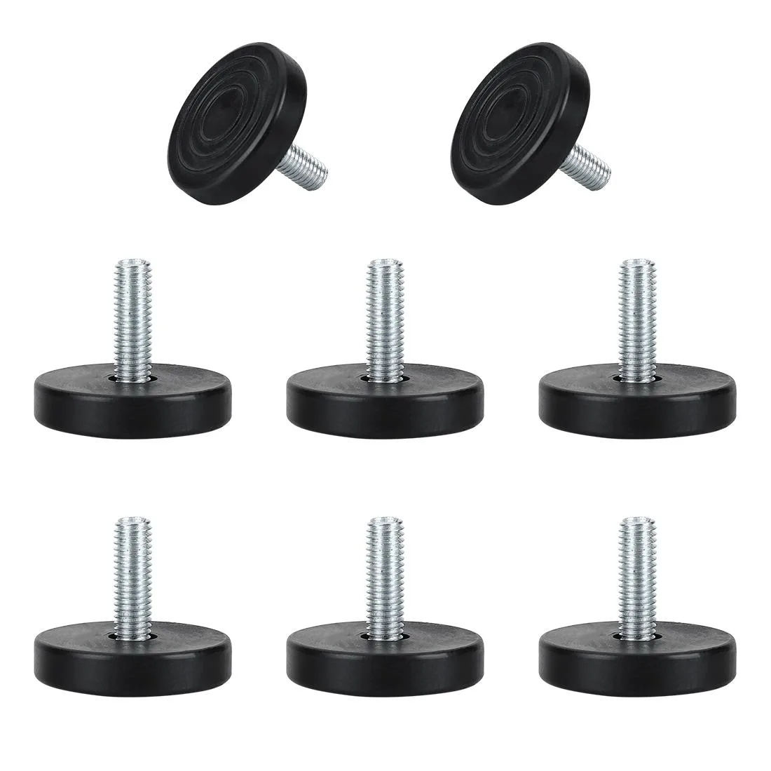 Ten sets of black plastic square tube inserts with threaded adjustable feet visible