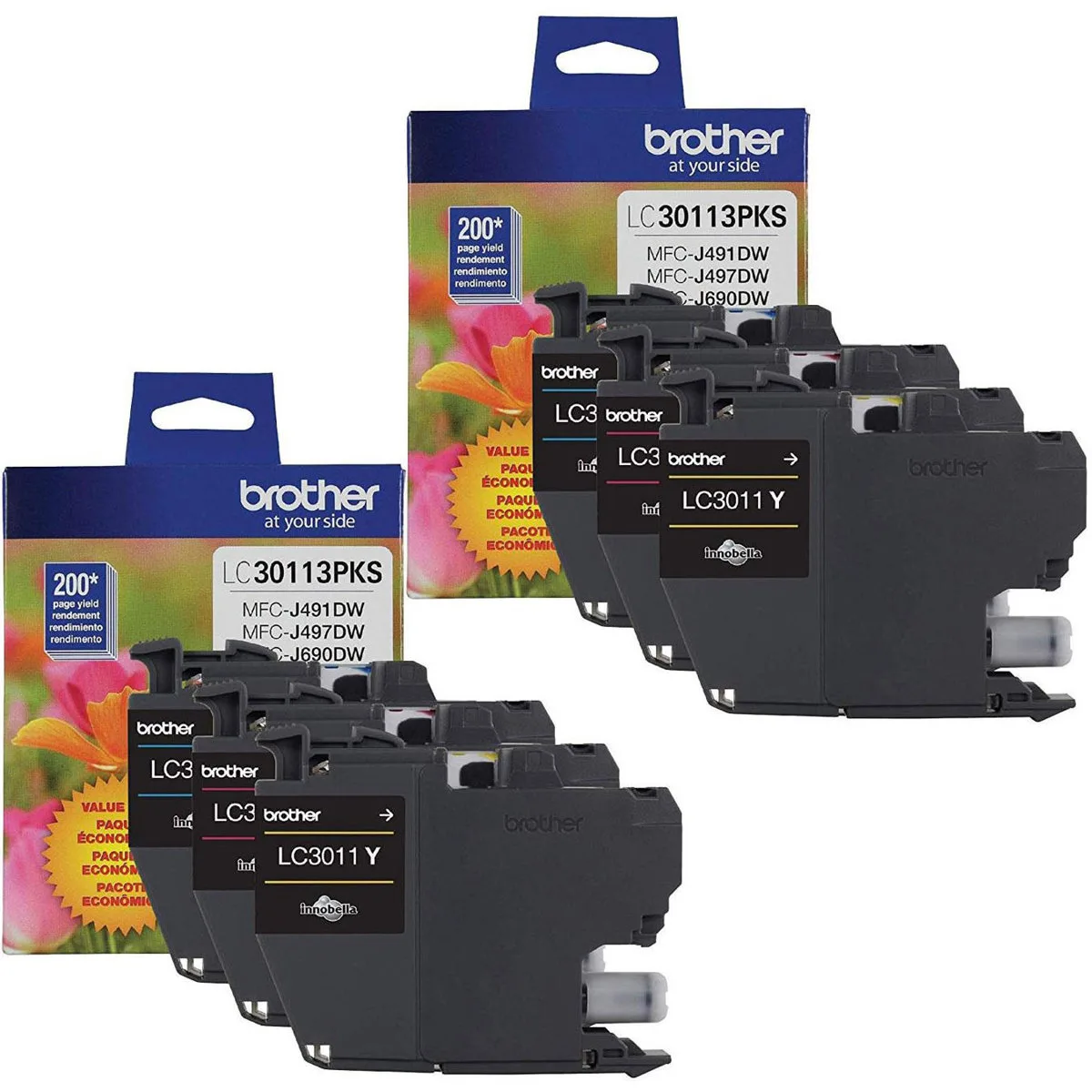 Two sealed ink cartridges in cyan, magenta, yellow packaging
