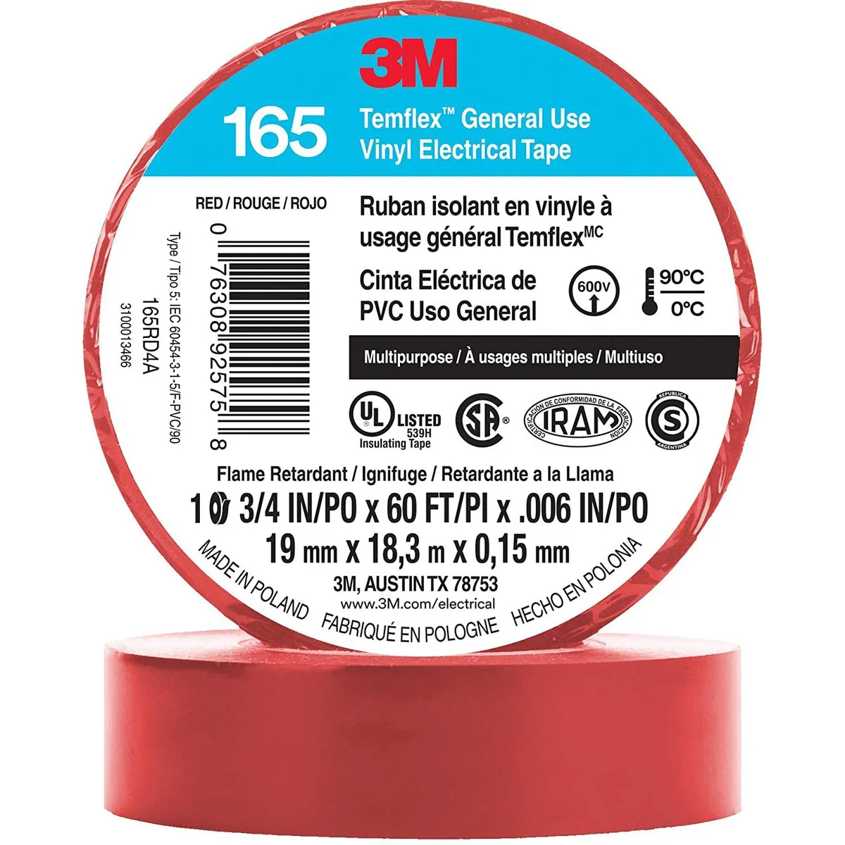 3M 3M Temflex 165 Vinyl Electrical Tape Red 10-pack 3/4 in x 60 ft 6 mil 600 V — product photo