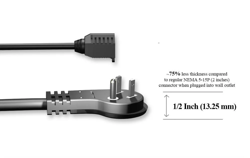 Micro Connectors Micro Connectors 1 ft Low Profile Angled Power Cord Extension 16 AWG 13A 125V — product photo