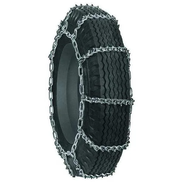 Pair of steel V-bar tire chains with ladder cross pattern and cam tool
