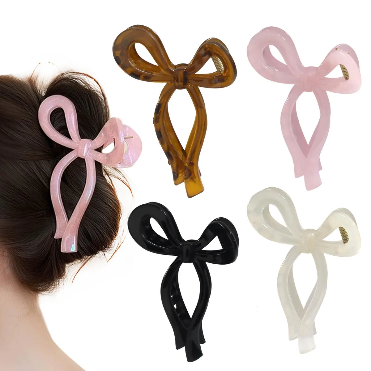 Four translucent bow clips in pink beige black coffee matte finish