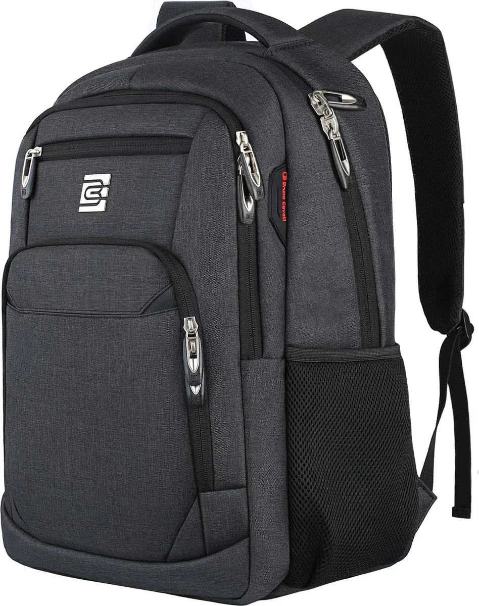 Black polyester laptop backpack with padded back panel, adjustable shoulder straps, top handle