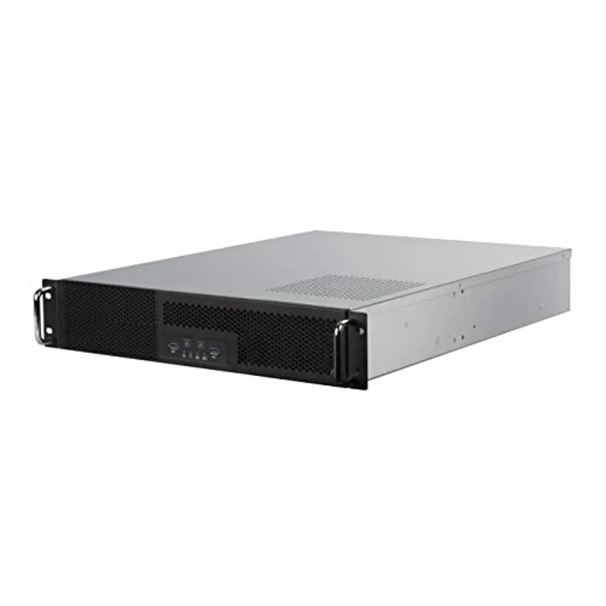 Silver metal 2U rackmount server chassis with dual 5.25 inch front bays and two USB ports