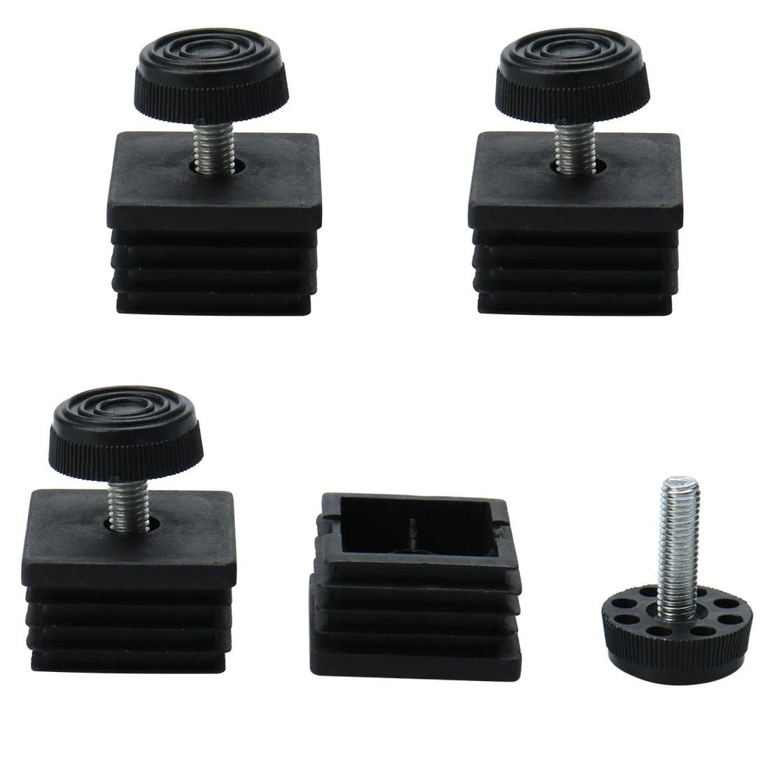Four sets of square tube inserts with adjustable threaded feet and plastic bases