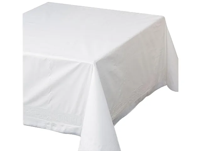 White folded tablecovers in a case of 25 with Greek Key embossing