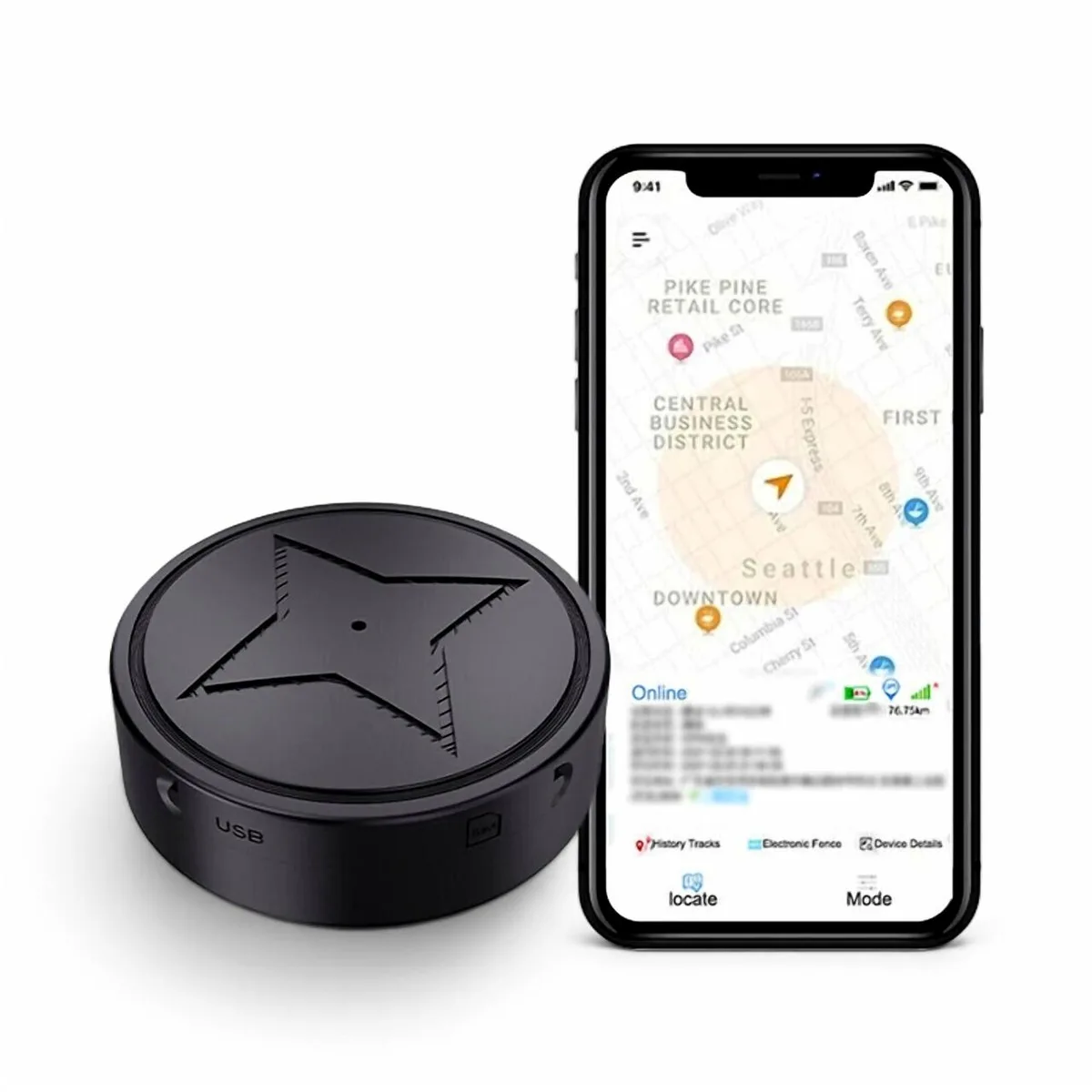 Small black magnetic GPS tracker with micro USB port