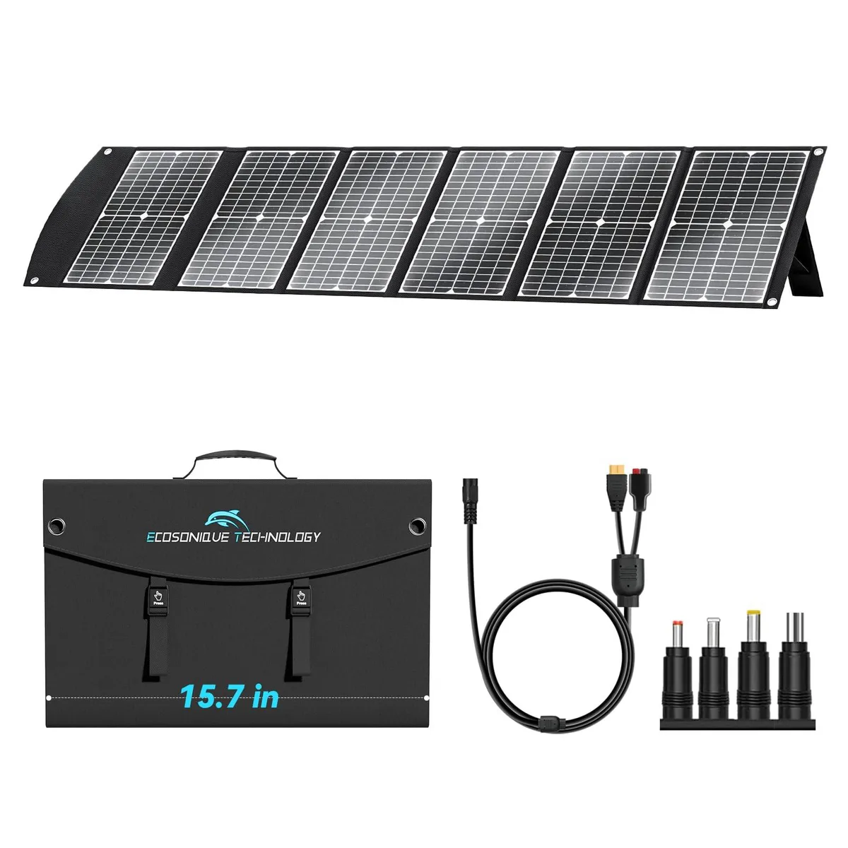 Black six-fold portable solar panel with handle and kickstands, folded to laptop-bag size