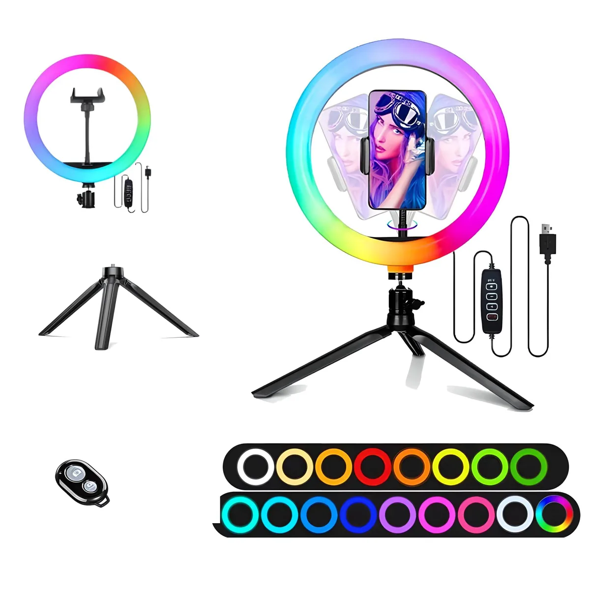  Neewer STDLR10-V2 10" Ring Light Kit with 4" Tripod &amp; Phone Holder, RGB, 16 Colours, 6 Brightness Levels — product photo