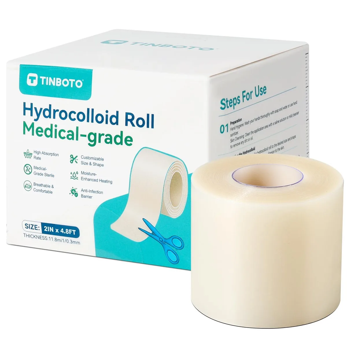 Blue hydrocolloid bandage roll in rectangular box packaging
