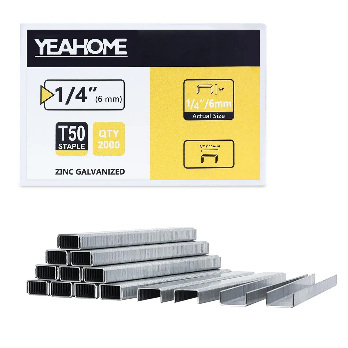 Silver galvanized T50 staples in a rectangular box, 2000 count